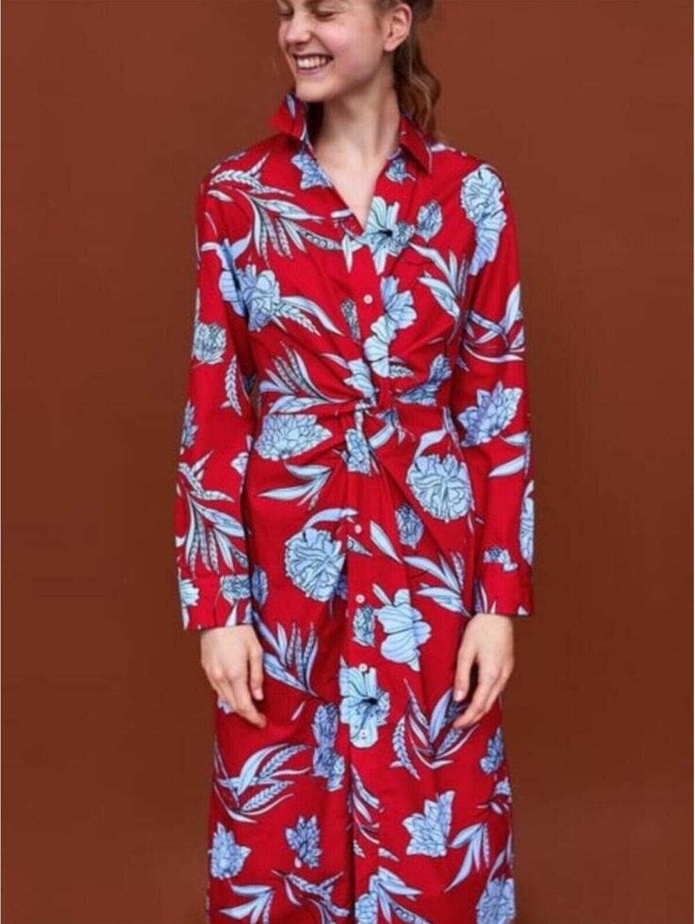 Zara Red Blue Floral Shirt Dress XS Twist Front Button Down Midi